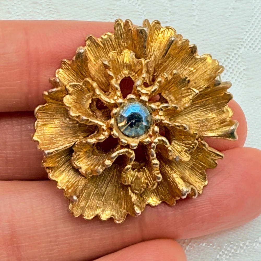 Vintage Ruffled Gold Tone Flower MCM Brooch w/ Rhinestone Center and C-Clasp